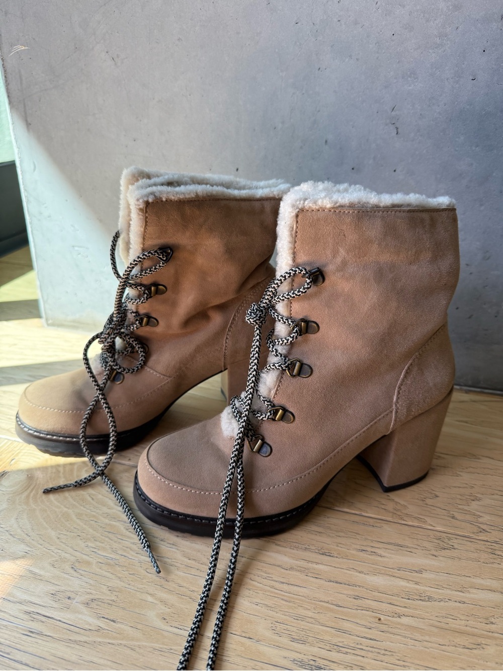 Stuart Weitzman Tan Suede Lace-Up Shearling Ankle Boots